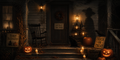 Halloween Poster – Veranda mit Kürbissen, schwarzer Katze, Laternen und Schild Enter if you dare