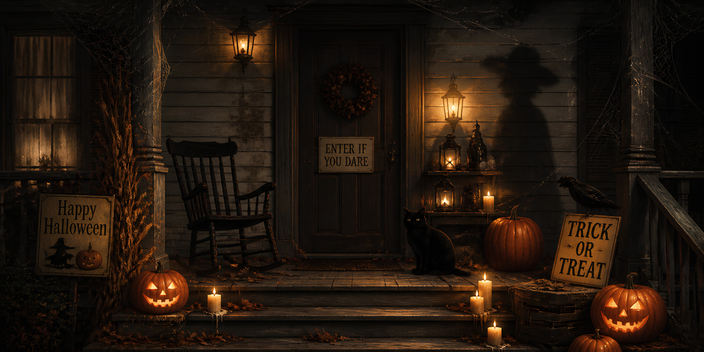Halloween Poster – Veranda mit Kürbissen, schwarzer Katze, Laternen und Schild Enter if you dare