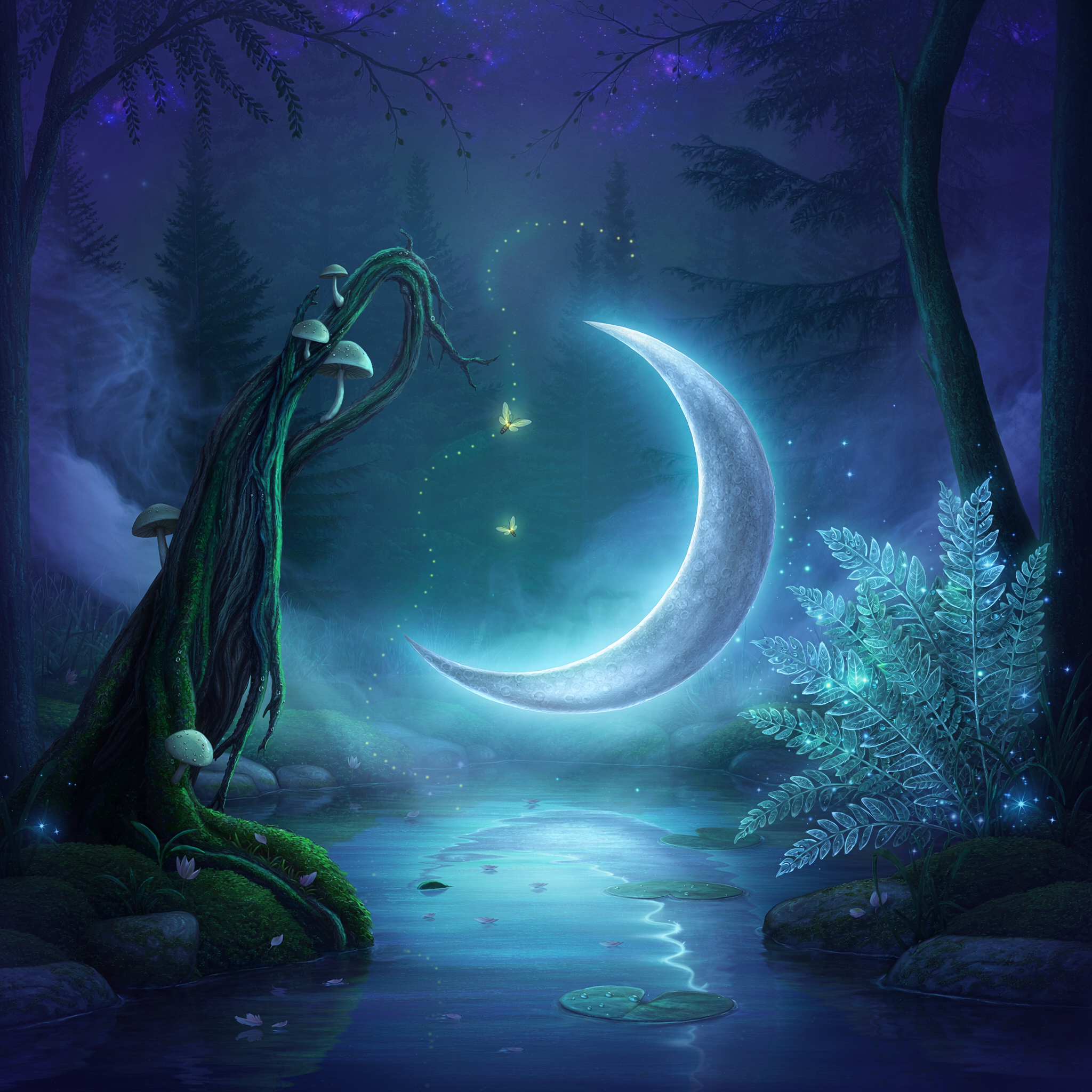 Mystische Mondsichel im Zauberwald – Digitales Kunstbild