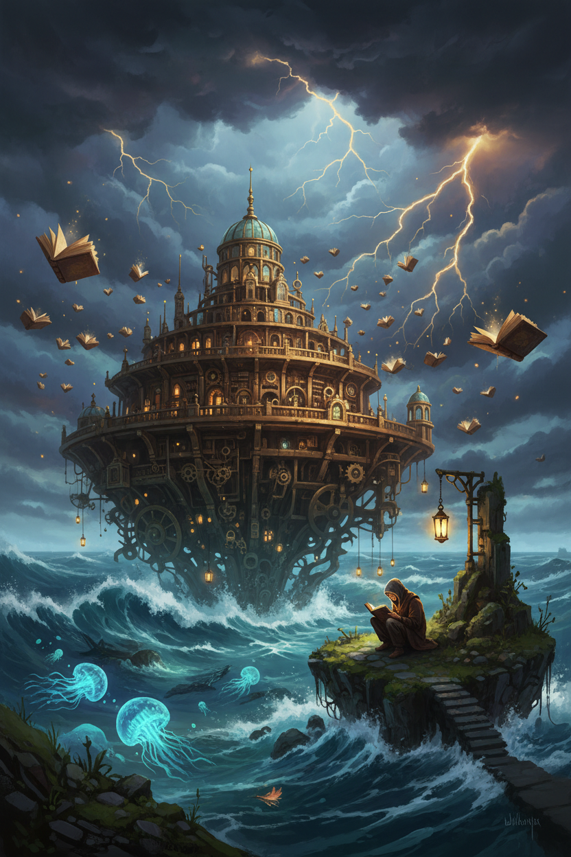 Surreale schwebende Uhrwerk-Bibliothek über sturmgepeitschtem Ozean mit fliegenden Büchern und biolumineszierenden Meereskreaturen – Fantasy Poster KI-Kunst