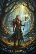 Mystische Elfe im Zauberwald mit warmem Goldlicht – Fantasy Poster KI-Kunst