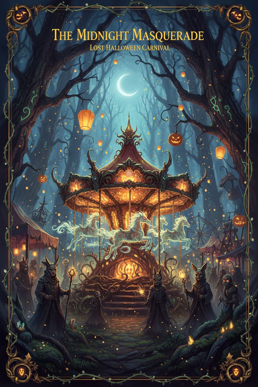 Vergessener Halloween-Karneval im Zauberwald mit leuchtendem Geisterkarussell und maskierten Gestalten – Halloween Poster KI-Kunst