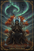 Majestätischer Skelett-König auf Thron aus Herbstbäumen mit Krone aus schwarzen Rosen und Nordlichtern – Halloween Poster KI-Kunst