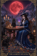 Elegante viktorianische Hexe bei melancholischer Teeparty unter dem Blutmond mit schwarzen Katzen – Halloween Poster KI-Kunst