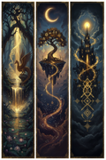 Mystische Fantasy-Vielfalt mit verzauberten Naturlandschaften und abstrakten magischen Elementen – Fantasy Poster KI-Kunst