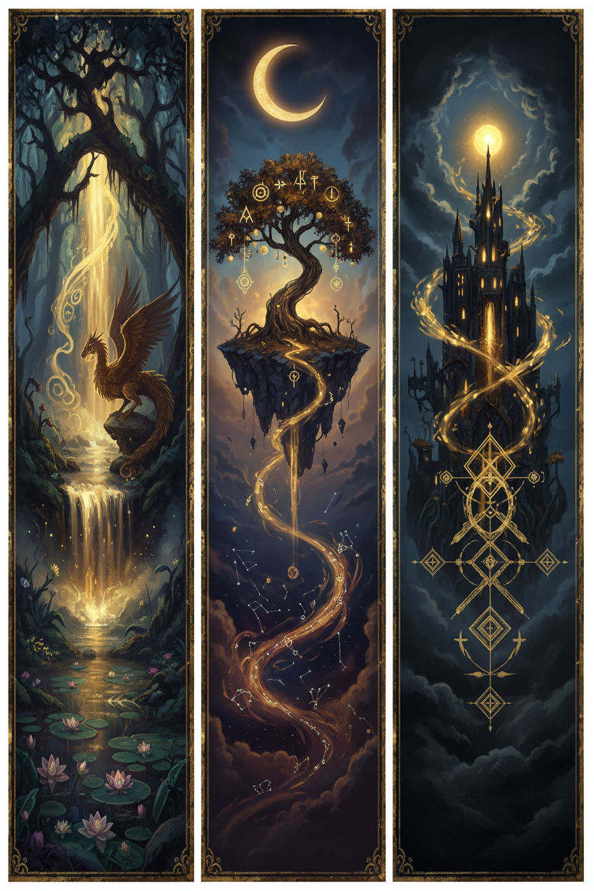 Mystische Fantasy-Vielfalt mit verzauberten Naturlandschaften und abstrakten magischen Elementen – Fantasy Poster KI-Kunst