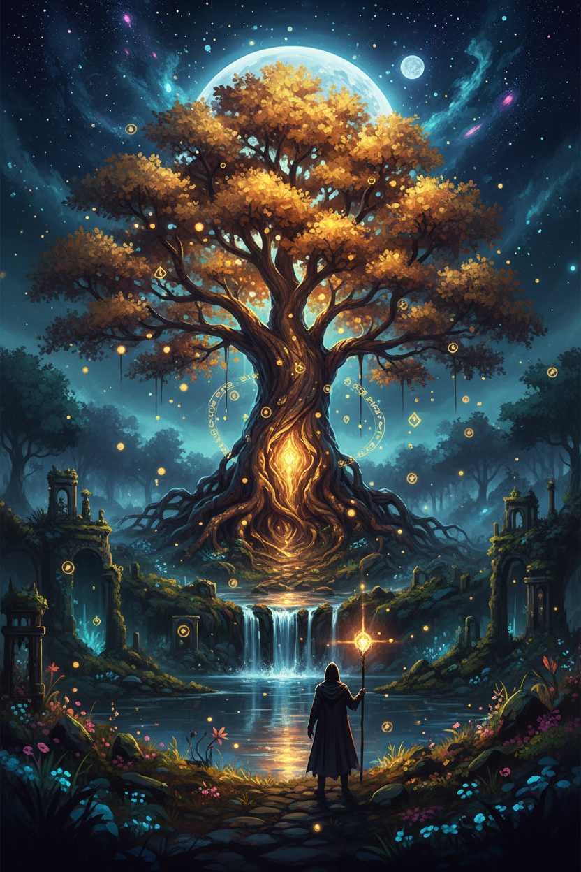 Mystischer Baum des Lebens unter dem Mondlicht mit leuchtenden Runen und Wasserfall – Fantasy Poster KI-Kunst