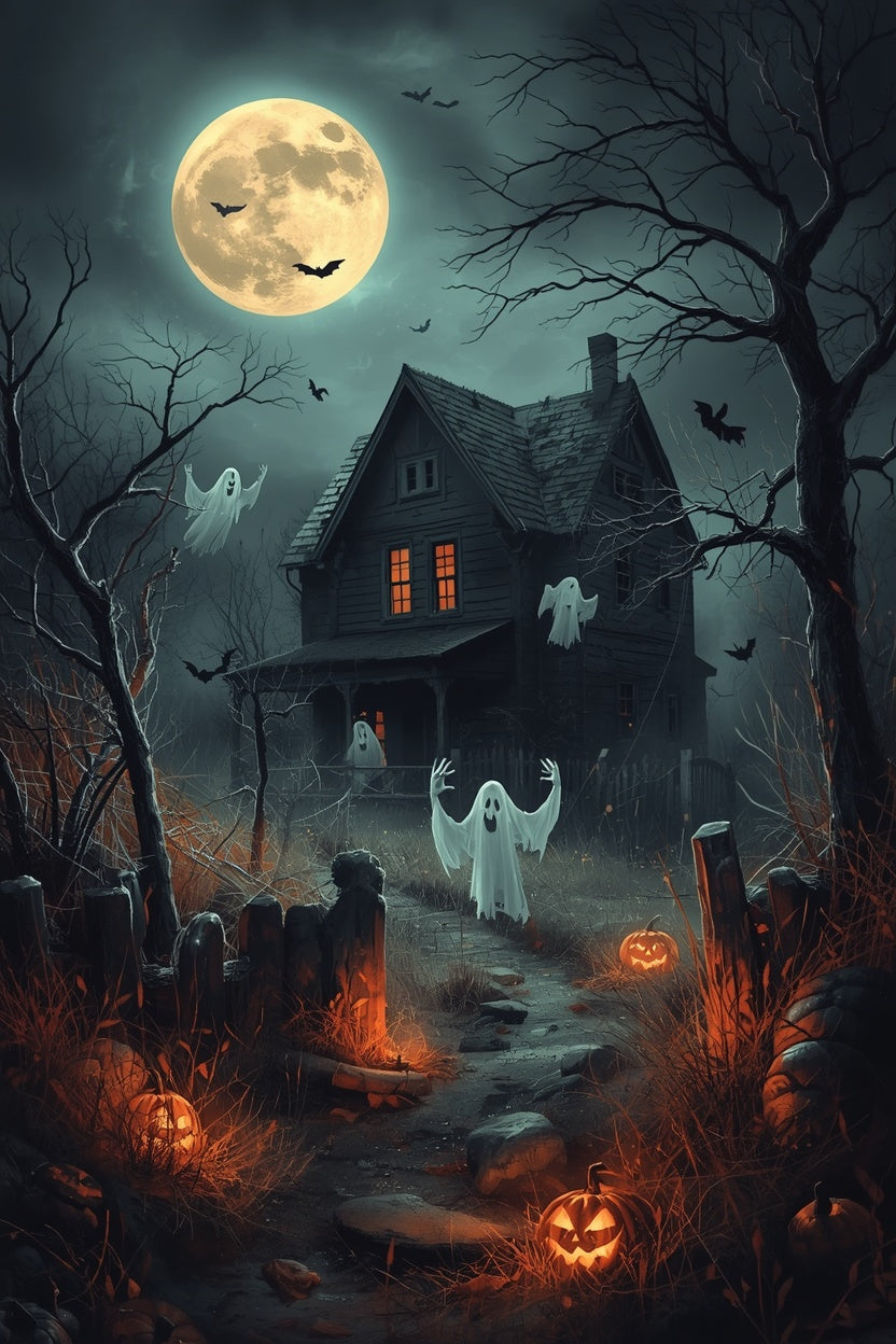 Halloween Poster – Geisterhaus mit Vollmond, Geistern und Kürbislaternen bei Nacht