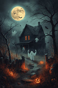 Halloween Poster – Geisterhaus mit Vollmond, Geistern und Kürbislaternen bei Nacht