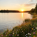 Stiller See mit Wildblumen im Sonnenuntergang – Digitales Naturbild